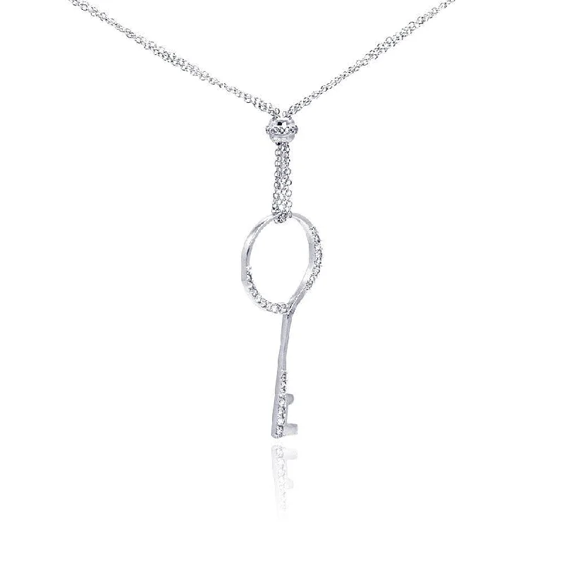 pearl necklaces for women-Silver 925 Rhodium Plated Open Circle Key CZ Necklace - BGP00279