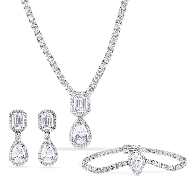 chic necklaces for women-Rhodium Plated 925 Sterling Silver Pear Cut Center Stone Clear CZ Tennis 2.6mm Necklace Bracelet and Dangling Earring Set - GMS00032