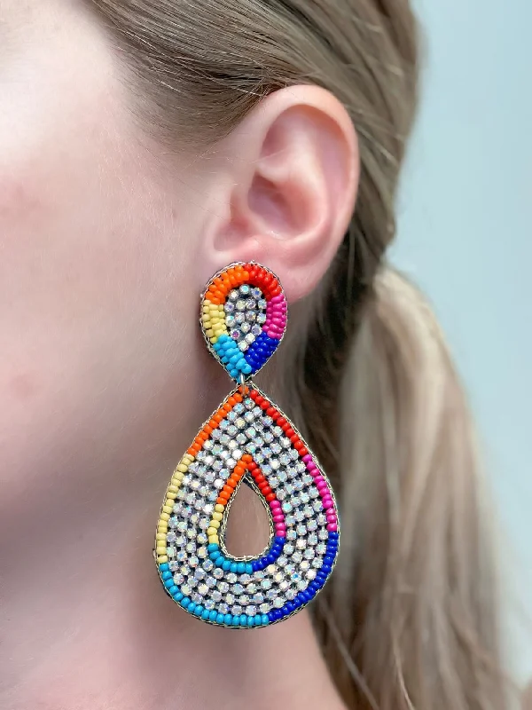 Glitzy Seed Bead Teardrop Dangle Earrings - Rainbow