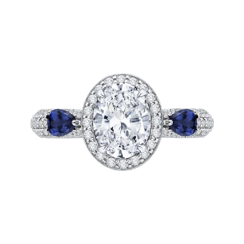 rose gold engagement rings-14K White Gold Oval Diamond Halo Engagement Ring with Sapphire (Semi Mount)