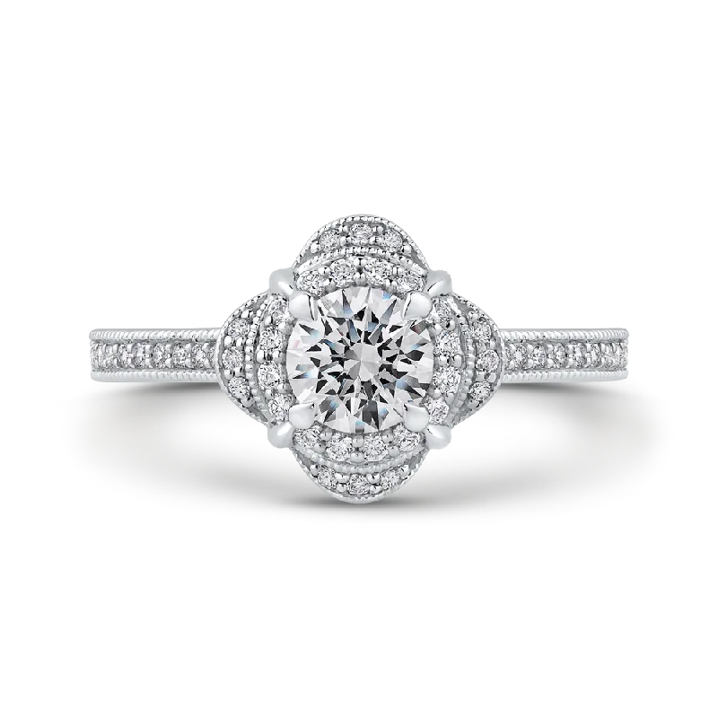 engagement rings for her-Round Diamond Halo Engagement Ring In 14K White Gold