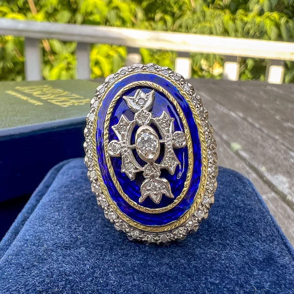 radiant diamond rings for women-Vintage Diamond & Blue Enamel Ring