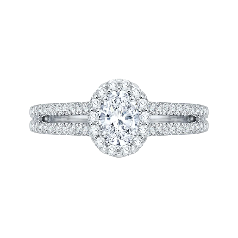 simple engagement rings-14K White Gold Oval Diamond Halo Engagement Ring with Split Shank