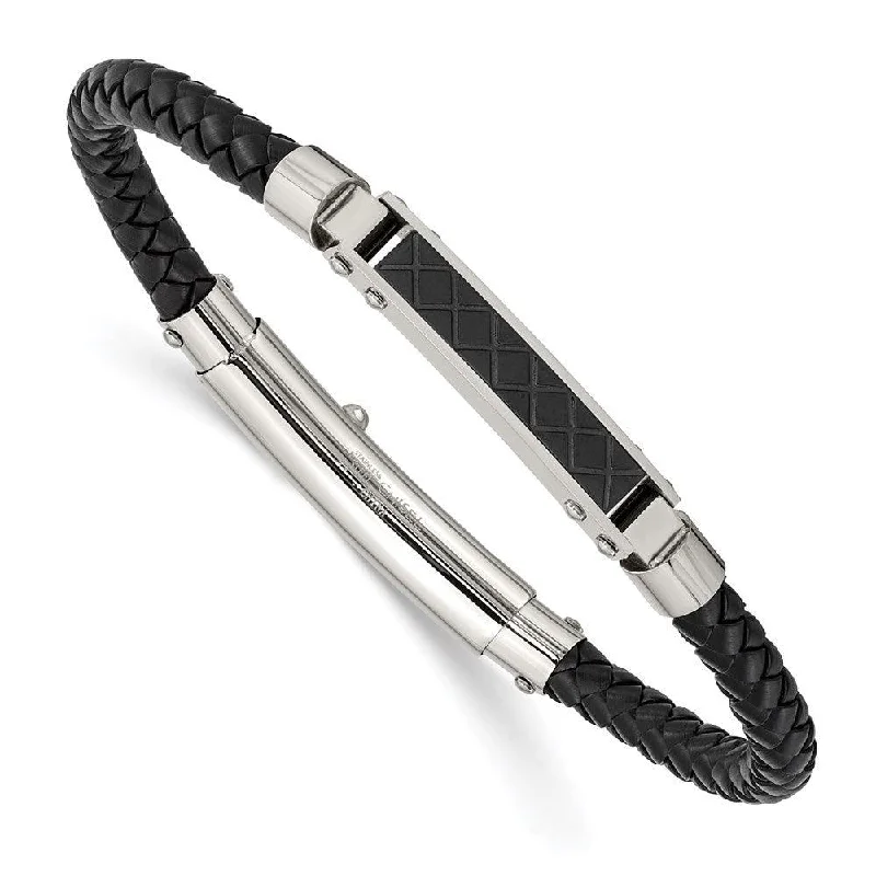 simple bracelets for women-simple bracelets for women-Stainless Steel Polished Black Leather Black IP Adj. Bracelet