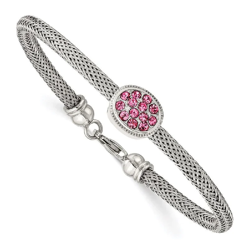 statement bangles for women-statement bangles for women-Stainless Steel Polished and Textured Pink Crystal 7.25in. Bracelet