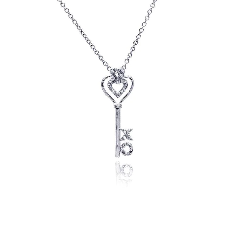 large pendant necklaces for women-Silver 925 Rhodium Plated X O Open Heart CZ Necklace - BGP00367