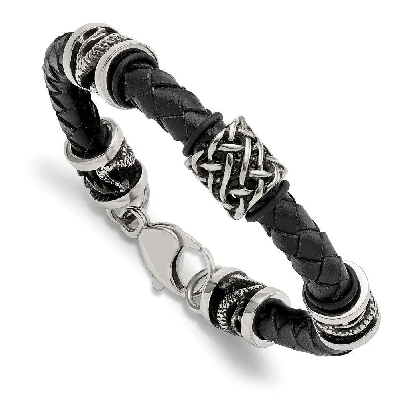 statement bracelets for women-statement bracelets for women-Stainless Steel Polished Antiqued Dragon Black Braided Leather Bracelet