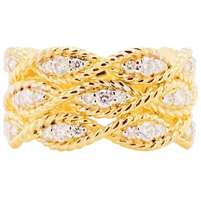 wide bands rings for women-Braided Twisted Diamond Wide Band