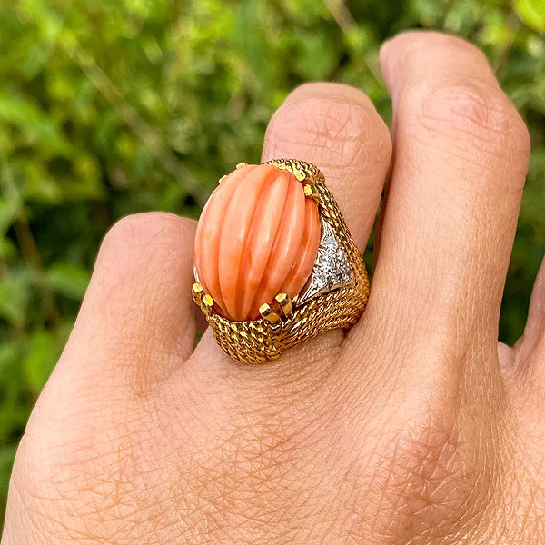 wedding bands for women-Vintage Coral & Diamond Ring