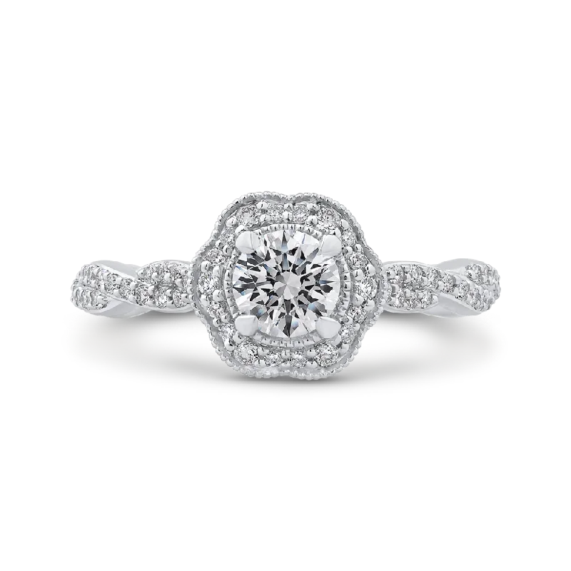 engagement rings with black diamonds-14K White Gold Round Diamond Floral Halo Engagement Ring