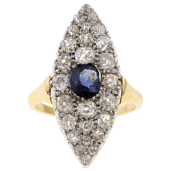 anniversary rings for women-Victorian Sapphire & Diamond Navette Ring