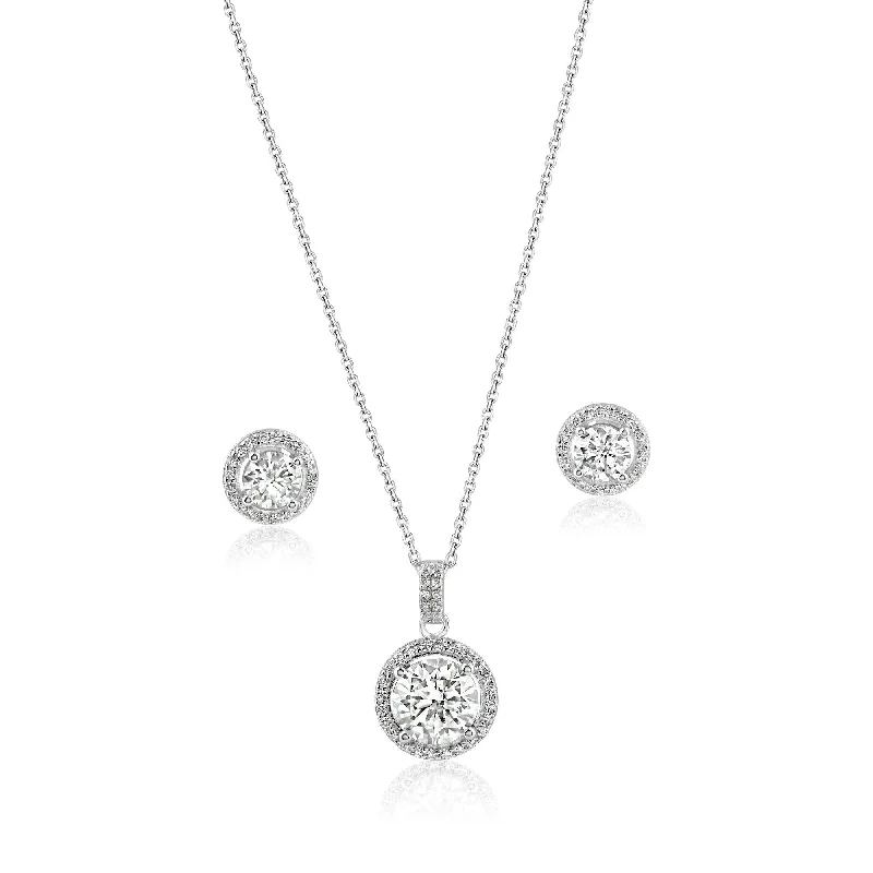 trendy layered necklaces for women-Rhodium Plated 925 Sterling Silver Round Moissanite 0.5 Carat Earring and 2 Carat Necklace Sets - MBGS00001